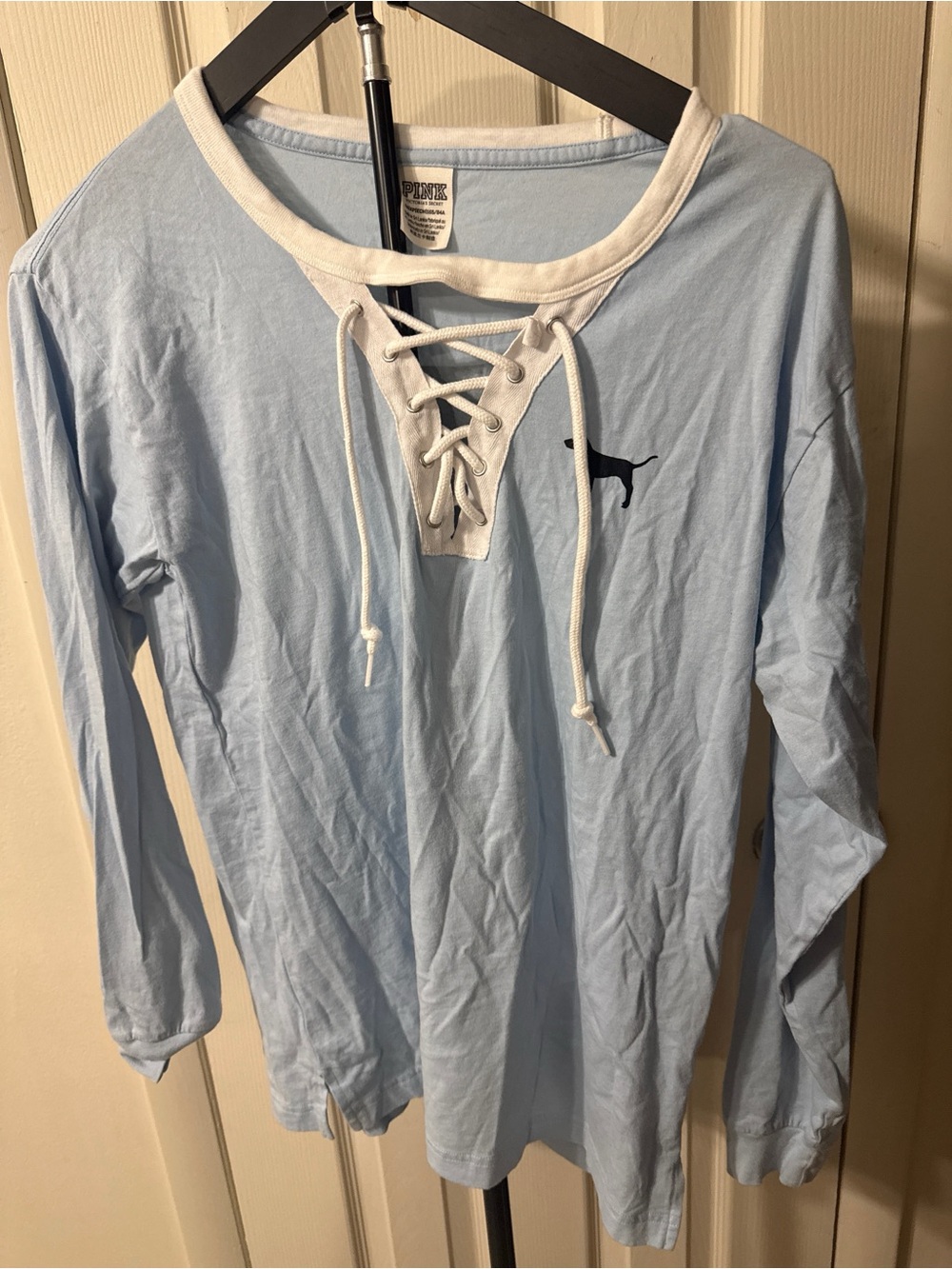 PINK Victoria's Secret Light Blue Lace-Up Long Sleeve Tee with White Trim